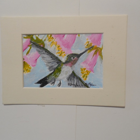 Hummingbird Pink Nectar Flowers Watercolor HAND CRAFTED Painting - Picture 5 of 5